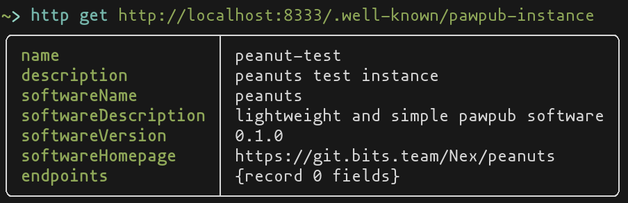 an http request to .well-known/pawpub-instance with a neatly formatted response from software calling itself "peanuts"