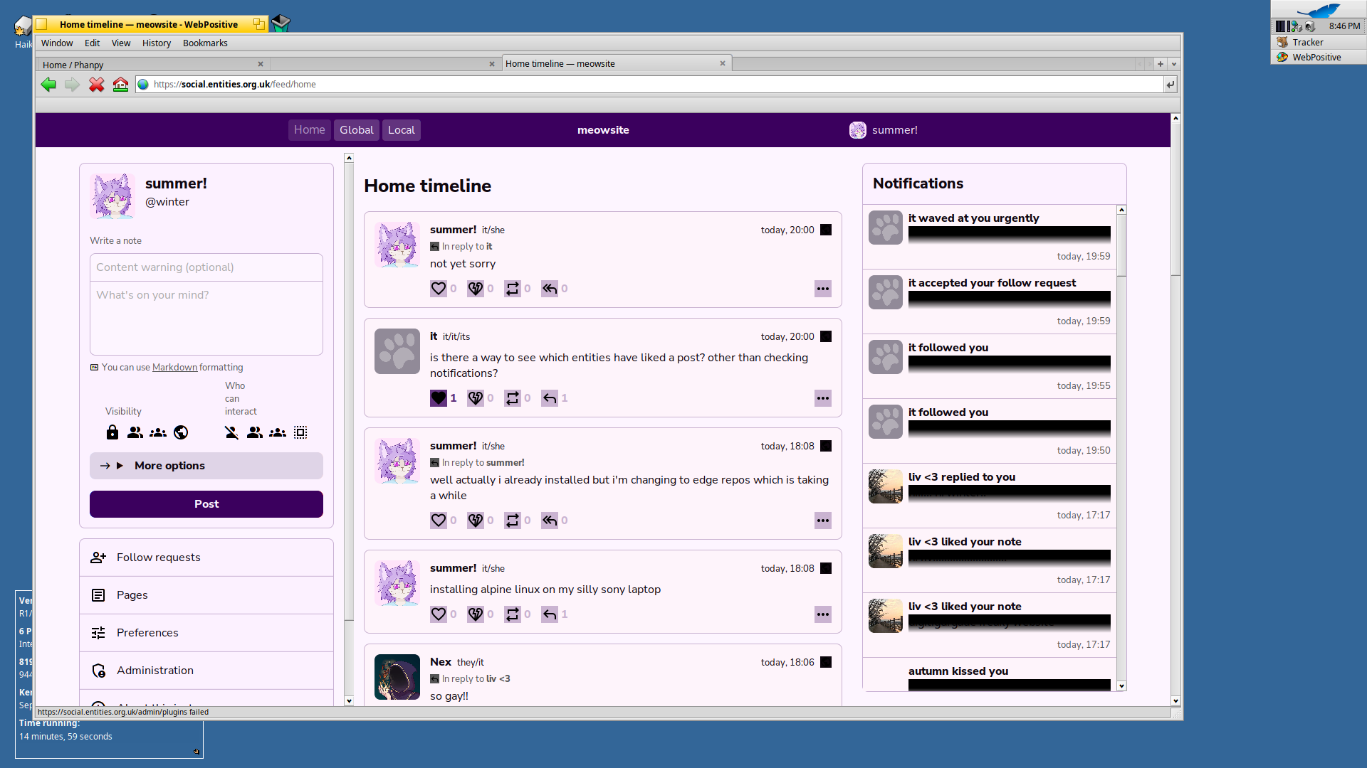 digitigrade timeline in webpositive on haiku. it's kind of broken looking